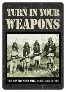 RIVERS EDGE TIN SIGN 12X17 TURN IN YOUR WEAPONS