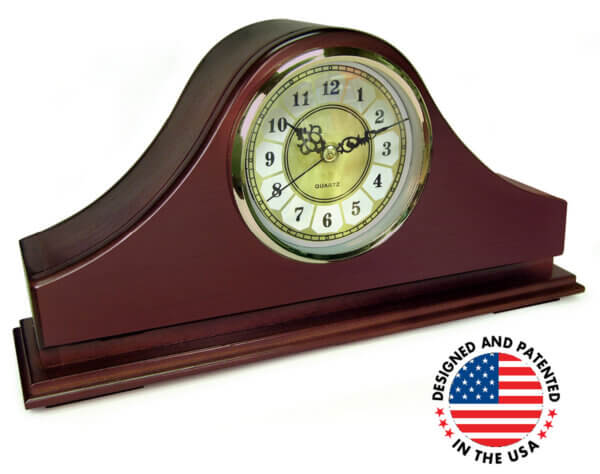 Peace Keeper MGC Mantle Gun Clock  Front Panel Entry Mahogany Stain Wood Holds 1 Handgun 14.62 L x 7.37″ H x 3.75″ D”