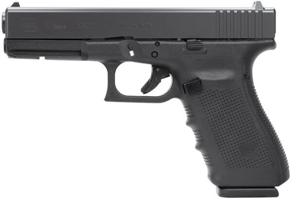 Glock PG2050203 G20 Gen4 10mm Auto Caliber with 4.61″ Barrel, 15+1 Capacity, Overall Black Finish, Picatinny Rail Frame, Serrated Steel Slide, Finger Grooved Rough Texture Interchangeable Backstrap Grip & Fixed Sights