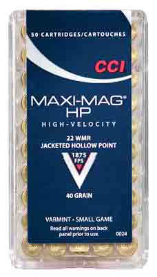 CCI 0024 Maxi-Mag Rimfire 22 WMR 40 gr Jacketed Hollow Point (JHP) 50rd Box