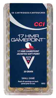 CCI 0052 Gamepoint Hunting 17 HMR 20 gr Jacketed Soft Point (JSP) 50rd Box