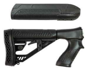 ADAPTIVE TACTICAL AT02006 EX Performance Stock & Forend Black Synthetic  Adj. M4 Style Stock with Swivel Stud  Vented Rubber Butt Pad  2 Concealed Picatinny Rail on Forend  Fits Mossberg 500/590/Maverick 88″