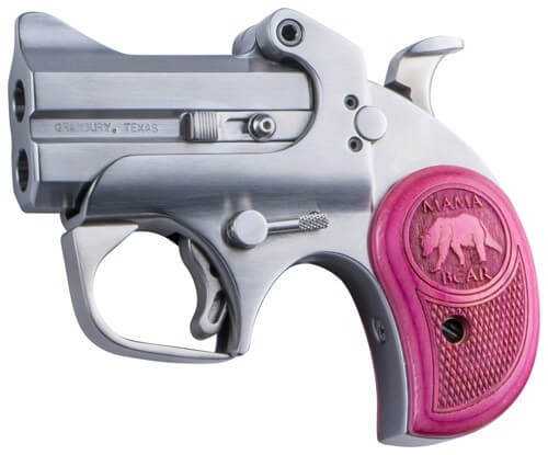 Bond Arms BAMB Mama Bear 357 Mag/38 Special 2rd 2.50″ Stainless Steel Double Barrel & Frame Auto Extractors & Rebounding Hammer Blade Front/Fixed Rear Sights Pink Wood Grip Manual Safety
