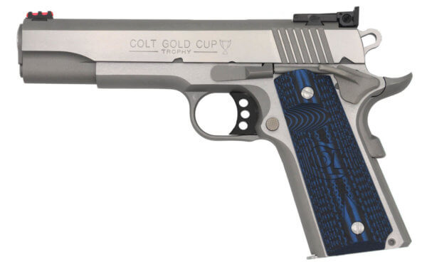 Colt Mfg O5072GCL 1911 Gold Cup Lite 9mm Luger 5″ 8+1 Overall Stainless Steel Finish Frame & Slide with Scalloped Blue Checkered G10 Grip & Fiber Optic Sights