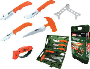 AccuSharp 728C Game Processing Kit Butcher/Caper/Gut-Hook/Bone Saw/Ribcage Spreader Gut Hook/Saw/Plain Stainless Steel Blade Orange FRN Handle