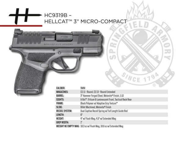 Springfield Armory HC9319B Hellcat Micro-Compact 9mm Luger 13+1/11+1 3″ Melonite Barrel Black Polymer Frame w/Picatinny Acc. Rail & Adaptive  Texture Grip Top Serrated Black Melonite Steel Slide