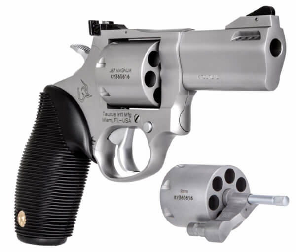 Taurus 2-692039 692 9mm Luger 38 Special +P or 357 Mag Caliber with 3″ Ported Barrel 7rd Capacity Cylinder Overall Matte Finish Stainless Steel & Black Ribber Grip Includes 2 Cylinders