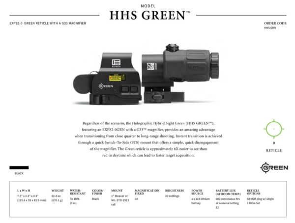 Eotech HHSGRN HHS Green EXPS2 & G33 Magnifier Black Anodized 1x 3x 1 MOA Green Dot/68 MOA Green Ring