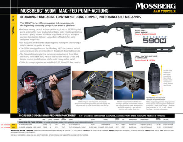 Mossberg 50206 590M Mag-Fed 12 Gauge 2.75″ 10+1 18.50″ Cylinder Bore Barrel Matte Blued Rec with Ghost Ring Sight Black Synthetic Stock Right Hand