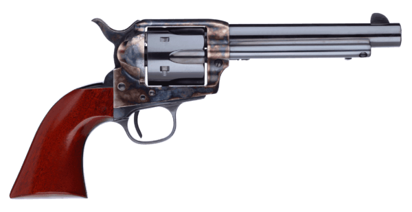 Taylors & Company 550903DE 1873 Cattleman New Model 357 Mag Caliber with 5.50 Blued Finish Barrel  6rd Capacity Blued Finish Cylinder  Color Case Hardened Finish Steel Frame   Walnut Navy Size Grip & Overall Taylor Polish”