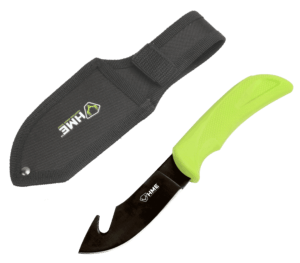 HME KNFBGH Fixed Blade 3.50″ Fixed Gut Hook Plain Black Oxide 420HC SS Blade/ Green TPR Handle Includes Sheath