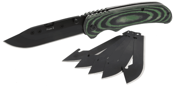 HME KNSSK Scalpel Knife w/Replacement Blades Folding Skinner Plain Black Oxide Black/Green Micarta Handle Includes 5 Replacement Blades 6 Blades