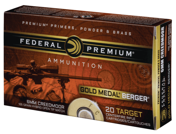 Federal GM65CRDBH1 Premium Gold Medal 6mm Creedmoor 105 gr Berger Hybrid Open Tip Match 20rd Box