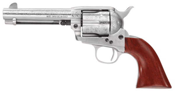 Taylors & Company 550926 1873 Cattleman 45 Colt (LC) Caliber with 4.75 Barrel  6rd Capacity Cylinder  Overall White Floral Engraved Finish Steel & Walnut Grip”