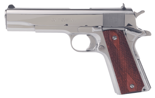 Colt Mfg O1070BSTS 1911 Government 45 ACP Caliber with 5″ National Match Barrel 7+1 Capacity Stainless Steel Finish Frame Serrated Slide & Redwood Grip