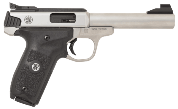 Smith & Wesson 11536 SW22 Victory Target *MA Compliant Full Size Frame 22 LR 10+1  5.50 Silver Stainless Steel Barrel  Satin Stainless Steel Slide & Frame  Black Textured Grip  Manual Thumb Safety  Ambidextrous”