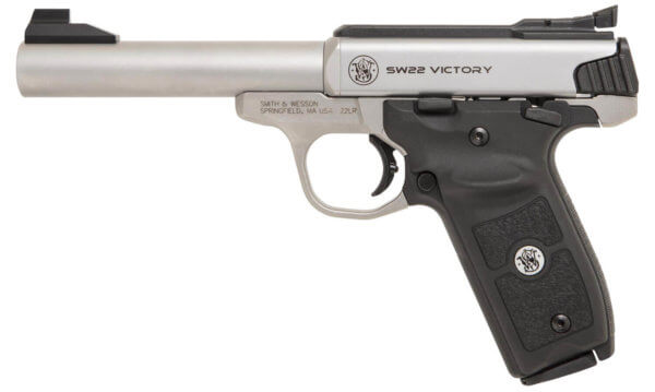 Smith & Wesson 11536 SW22 Victory Target *MA Compliant Full Size Frame 22 LR 10+1  5.50 Silver Stainless Steel Barrel  Satin Stainless Steel Slide & Frame  Black Textured Grip  Manual Thumb Safety  Ambidextrous”