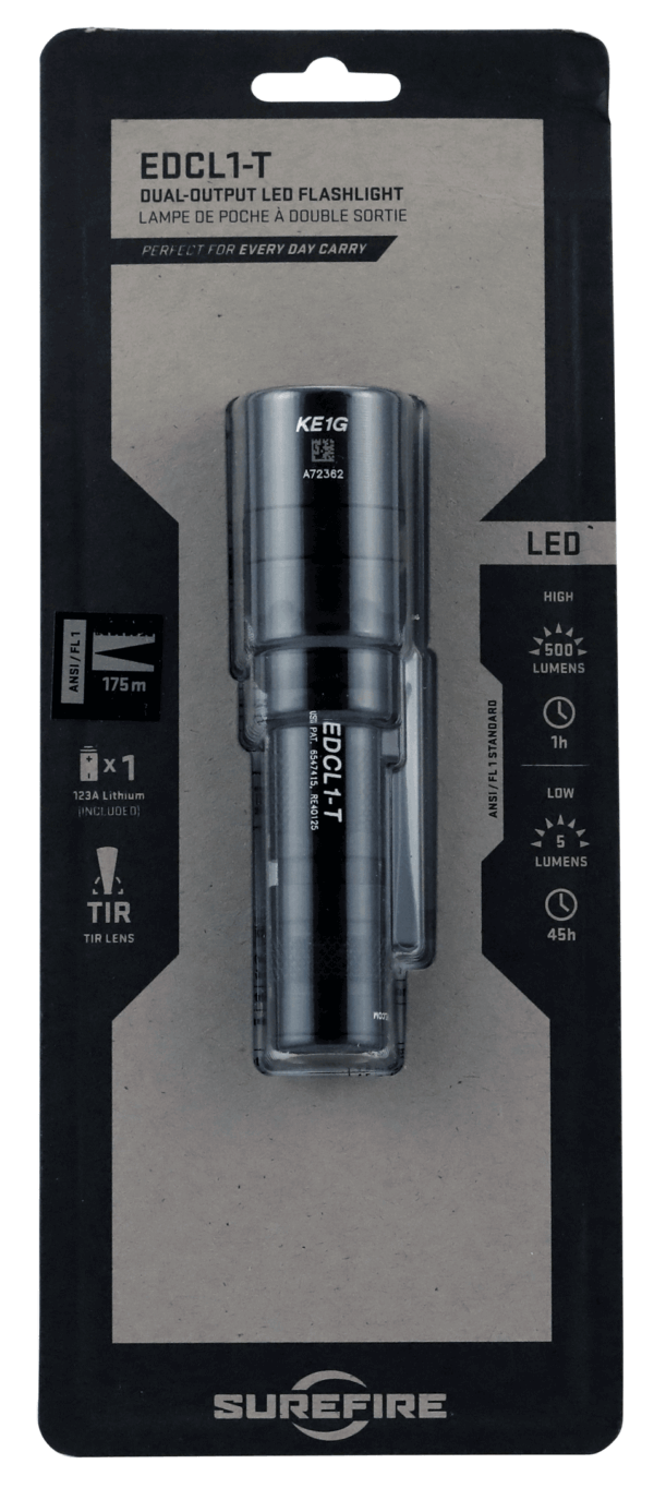 SureFire EDCL1T Everyday Carry 1 Black Anodized Aluminum White LED 5/500 Lumens 175 Meters Range