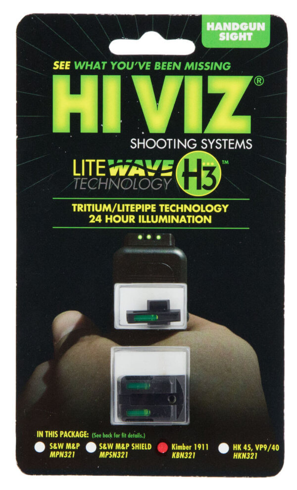 HiViz KBN321 LiteWave H3 Tritium/LitePipe Kimber 1911 Sight Set Black | Green Tritium with White Outline Front Sight Green Fiber Optic Rear Sight