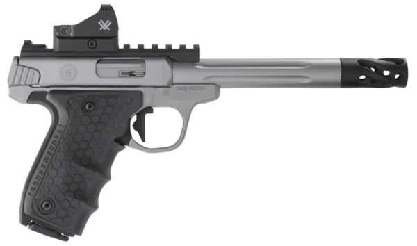 Smith & Wesson 12079 Performance Center SW22 Victory Target Full Size Frame 22 LR 10+1  6 Satin Stainless Steel Fluted Target w/Custom Muzzle Brake Barrel  Serrated Slide & Frame  Black Tandemkross Grip  6 MOA Red Dot  Thumb Safety”