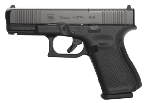 Glock PA195S201MOS G19 Gen5 Compact MOS 9mm Luger 4.02″ 10+1 Overall Black Finish with nDLC Steel with Front Serrations & MOS Cuts Slide Rough Texture Interchangeable Backstraps Grip & Fixed Sights