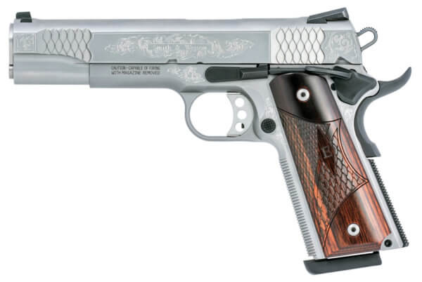 Smith & Wesson 10270 1911 E-Series 45 ACP 5″ Barrel 8+1 Matte Stainless Steel Engraved Frame & Slide Laminate Wood E Series Grip Manual Safety Grip & Thumb