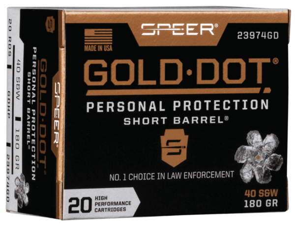 Speer 23974GD Gold Dot Personal Protection Short Barrel 40 S&W 180 gr Hollow Point 20rd Box