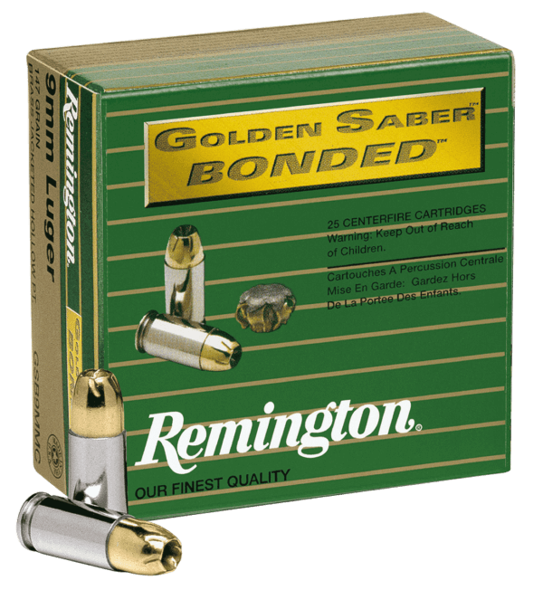 Remington Ammunition 29341 Golden Saber Bonded Defense 9mm Luger +P 124 gr Bonded Brass Jacketed Hollow Point (BBJHP) 20rd Box