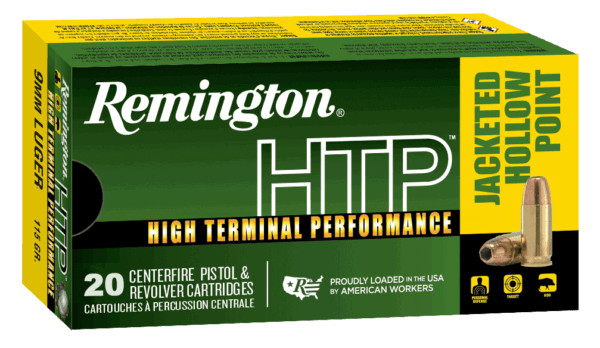 Remington Ammunition 28288 HTP Defense 9mm Luger 115 gr Jacketed Hollow Point (JHP) 20rd Box