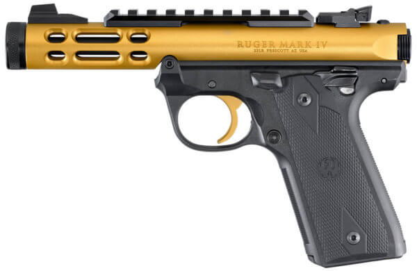 Ruger 43926 Mark IV 22/45 22 LR 10+1 4.40″ Black Steel/Threaded Barrel Gold Anodized Ventilated Aluminum w/Picatinny Rail Slide Checkered 1911-Style Panel Grip