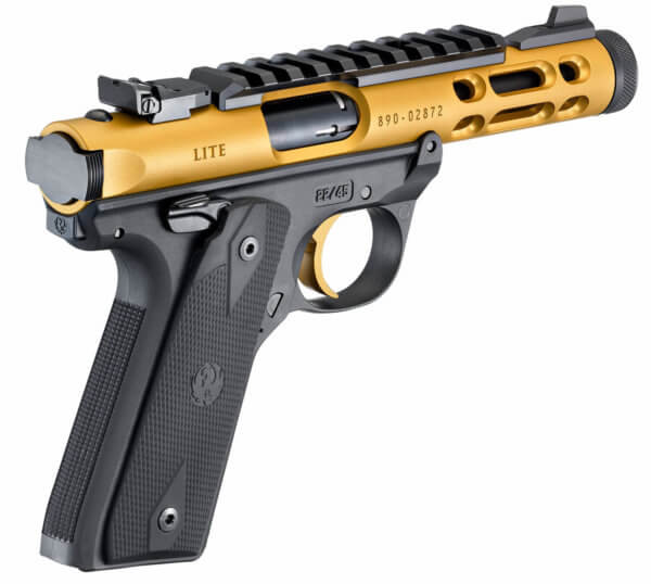 Ruger 43926 Mark IV 22/45 22 LR 10+1 4.40″ Black Steel/Threaded Barrel Gold Anodized Ventilated Aluminum w/Picatinny Rail Slide Checkered 1911-Style Panel Grip