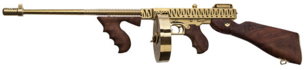 Thompson T150DTGTS 1927A-1 Deluxe 45 ACP Caliber with 16.50″ Barrel 20+1 Capacity (Stick) 50+1 Capacity (Drum) Gold w/Tiger Stripe Metal Finish American Walnut Stock Wood Grip Right Hand