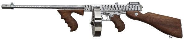 Thompson T150DCRTS 1927A-1 Deluxe 45 ACP Caliber with 16.50″ Barrel 20+1 Capacity (Stick) 50+1 Capacity (Drum) Hard-Chrome w/Tiger Stripe Metal Finish American Walnut Stock Wood Grip Right Hand