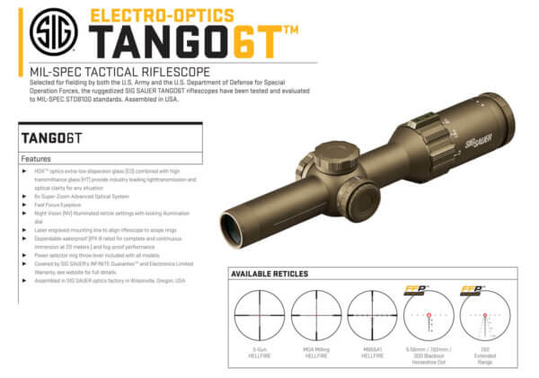 Sig Sauer Electro-Optics SOT61231 Tango6T Flat Dark Earth 1-6x24mm 30mm Tube Illuminated Horseshoe Dot 5.56/7.62 Reticle