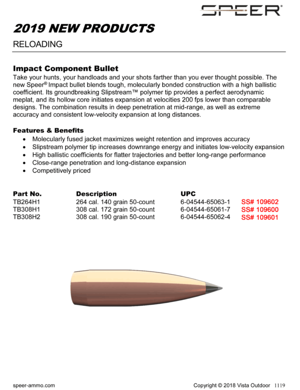 Speer Bullets TB308H1 Impact 30 Caliber .308 172 GR Slipstream Polymer Tip 50 Box