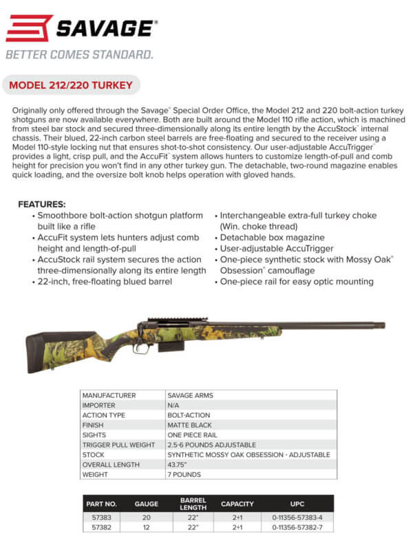 Savage Arms 57382 212 Turkey 12 Gauge 3″ 2+1 22″ Matte Black Barrel/Rec Mossy Oak Obsession Fixed AccuStock with AccuFit