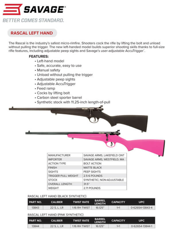 Savage Arms 13844 Rascal 22 LR Caliber with 1rd Capacity 16.12″ Barrel Matte Blued Metal Finish & Pink Synthetic Stock Left Hand (Youth)