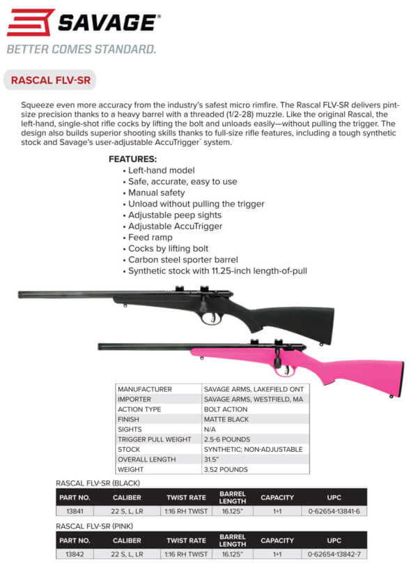 Savage Arms 13842 Rascal FLV-SR 22 LR Caliber with 1rd Capacity 16.12″ Threaded Barrel Matte Blued Metal Finish & Pink Synthetic Stock Left Hand (Youth)