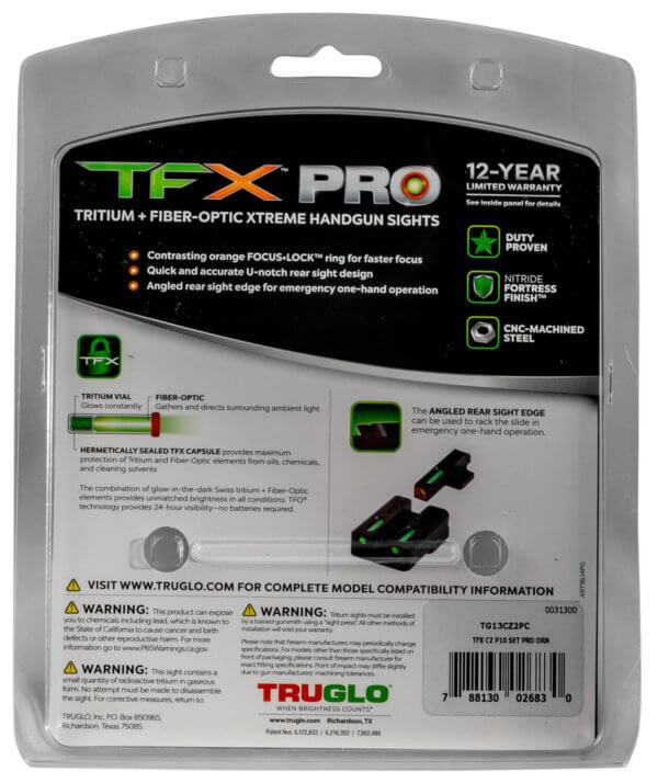 TruGlo TG13CZ2PC TFX Pro Black | Green Tritium & Fiber Optic Orange Outline Front Sight Green Tritium & Fiber Optic Rear Sight