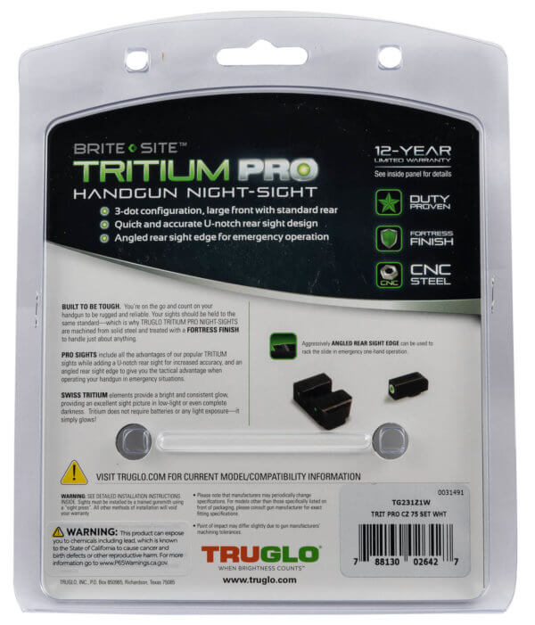 TruGlo TG231Z1W Tritium Pro Black | Green Tritium White Outline Front Sight Green Tritium Rear Sight
