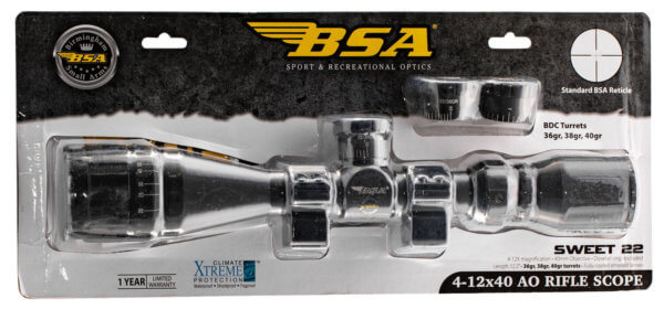 BSA 22412X40AO Sweet 22 Black Matte 4-12x 40mm AO 1″ Tube 30/30 Duplex Reticle
