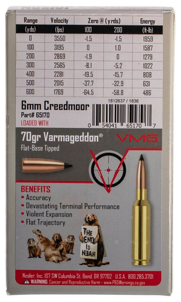 Nosler 65172 Varmageddon Varmint 6mm Creedmoor 70 gr Flat Base Tipped (FBT) 20rd Box