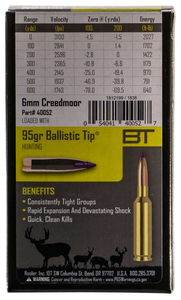 Nosler 40052 Ballistic Tip Hunting 6mm Creedmoor 95 gr Spitzer Ballistic Tip (SBT) 20rd Box