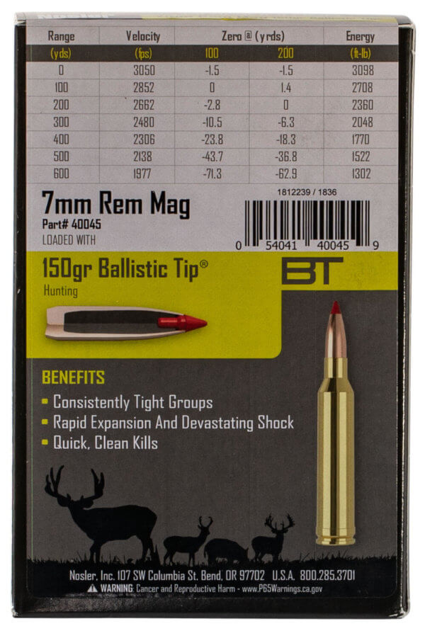 Nosler 40045 Ballistic Tip Hunting 7mm Rem Mag 150 gr Spitzer Ballistic Tip (SBT) 20rd Box