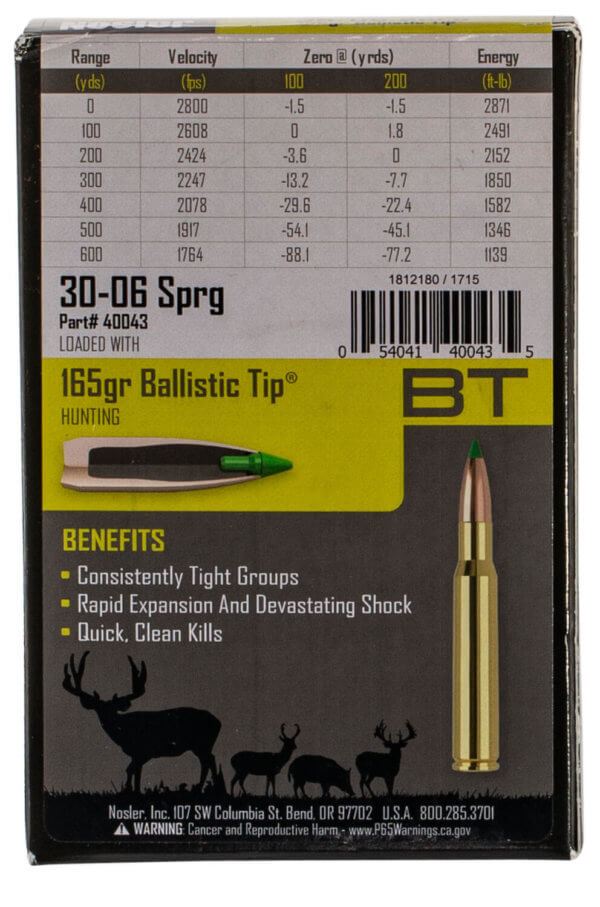 Nosler 40043 Ballistic Tip Hunting 30-06 Springfield 165 gr Spitzer Ballistic Tip (SBT) 20rd Box