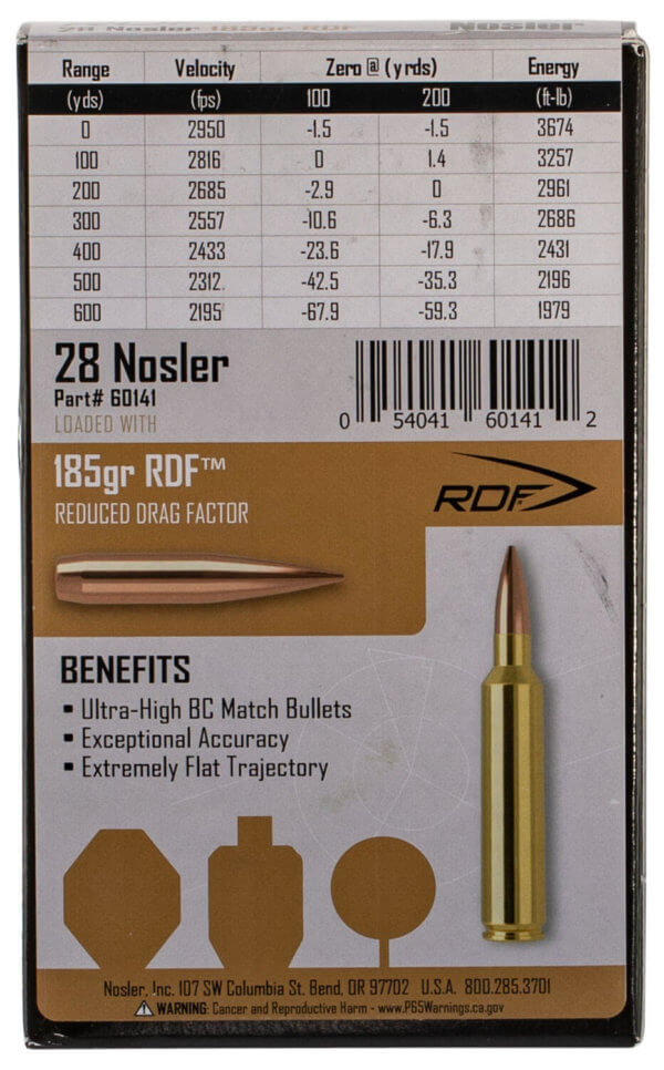 Nosler 60141 Match Grade RDF Target 28 Nosler 185 gr RDF Hollow Point Boat-Tail (RDFHPBT) 20rd Box