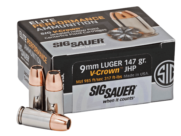 Sig Sauer E9MMA3COMP50 Match Elite Competition 9mm Luger 147 gr 880 fps V-Crown Jacketed Hollow Point (VJHP) 50rd Box