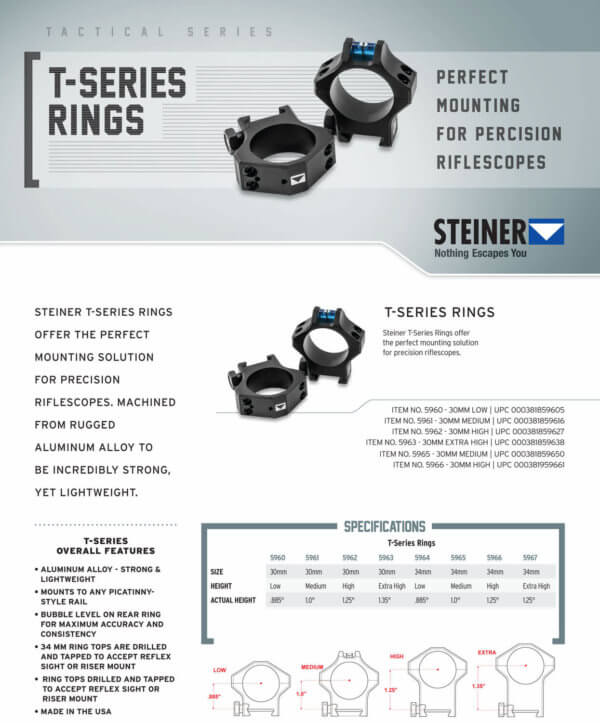 Steiner 5961 T-Series Scope Ring Set For Tactical Rifle Picatinny Rail Medium 30mm Tube Matte Black Steel