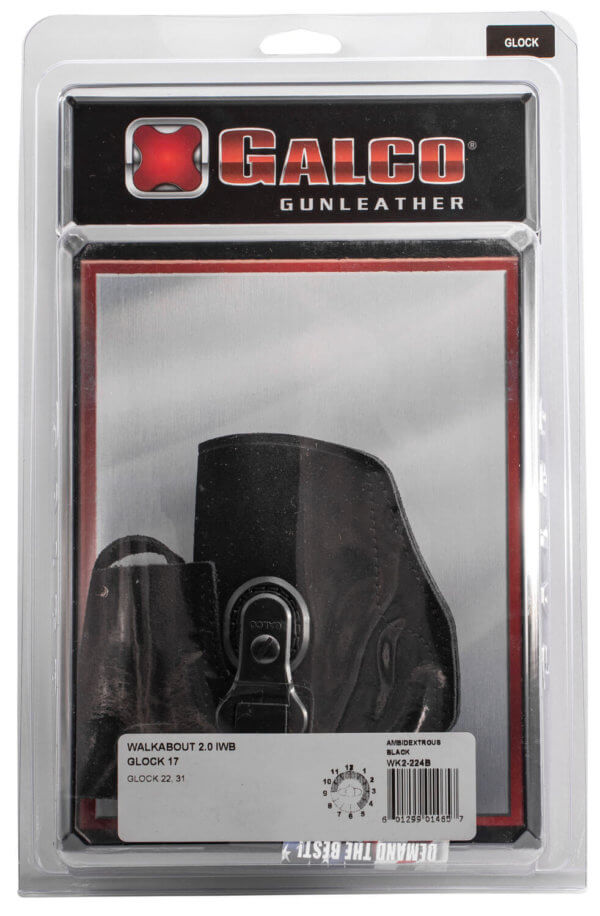 Galco WK2224B WalkAbout 2.0 IWB Black Leather UniClip/Stealth Clip Fits Glock 17 Gen1-5/22 Gen2-5 Ambidextrous