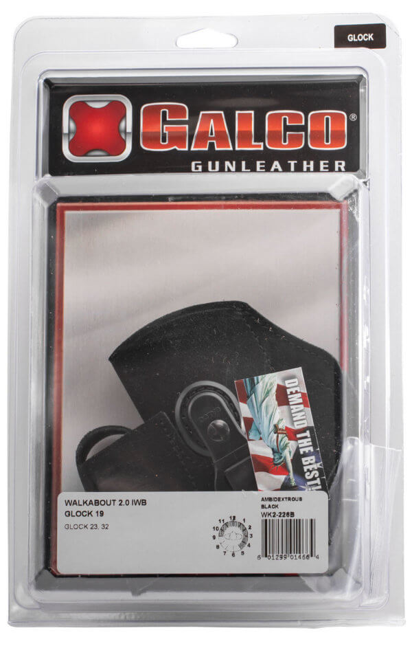 Galco WK2226B WalkAbout 2.0 IWB Black Leather UniClip/Stealth Clip Fits Glock 19 Gen1-5/19X/23 Gen2-5 Ambidextrous
